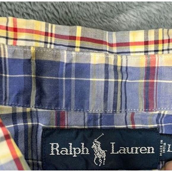 Men's Ralph Lauren Blue Yellow Plaid Button Down Short Sleeve Shirt Size L Exc - Picture 3 of 9